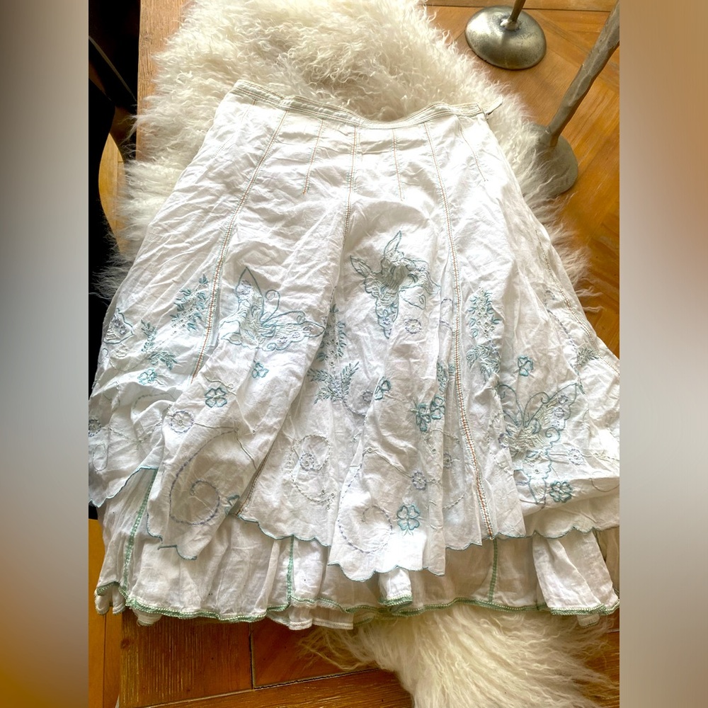 VGC Vintage Nougat London White Floral Embroidered cotton linen Skirt SZ 0!